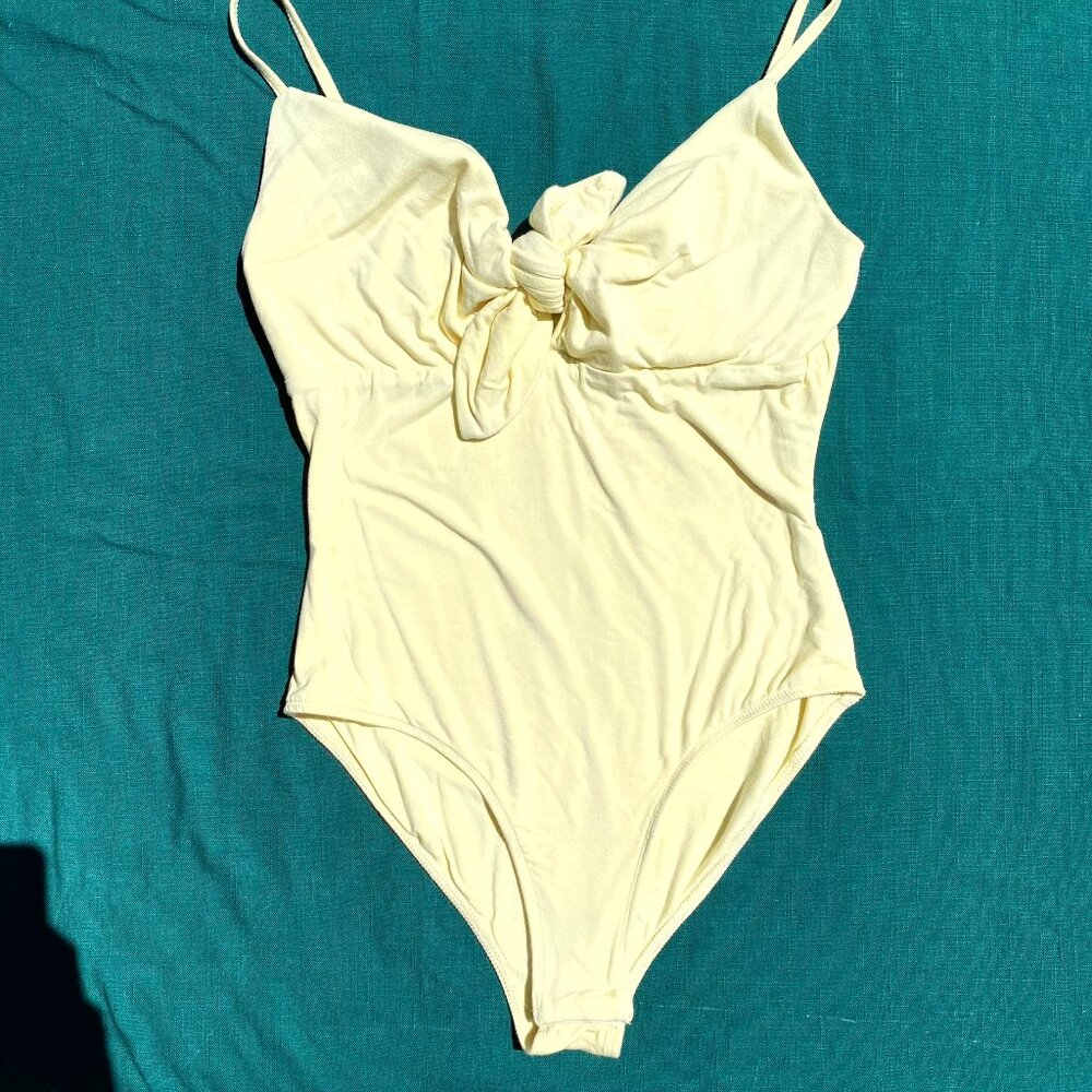 Pale Yellow Built-in Bra Bodysuit w/ Snap Closure & Front Tie